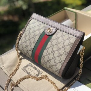 GUCCI Ophidia monogram chain envelope bag (small size, beige and ebony)