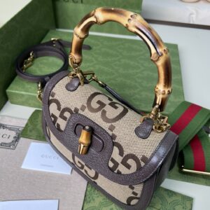 GUCCl Gucci Bamboo1947 bamboo handle lock striped leather double shoulder strap canvas and leather trim